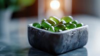 Green succulent plants in a dark stone square planter, displayed on a surface with warm lighting in the background, suitable for home decor and interior design projects.