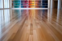 Polished hardwood floor reflecting colorful bookshelf with rainbow-arranged books creates modern interior perspective, highlighting natural wood grain and contemporary design.