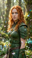 Young woman with long wavy copper-red hair and fair complexion wearing ornate green leather armor with decorative details, standing in enchanted forest with magical floating particles and moss-covered trees.