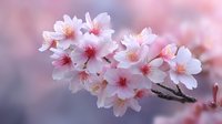 Delicate pink cherry blossoms in full bloom against soft blurred background, capturing spring awakening with gentle morning light and dreamy bokeh effect.