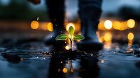 Small green plant seedling growing through cracked asphalt pavement at night with warm bokeh lights creating hopeful atmosphere for environmental concepts.