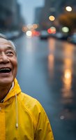 Senior man wearing bright yellow raincoat smiles joyfully on rainy urban street with blurred traffic lights and wet pavement, conveying happiness and positivity during rainfall.