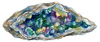 Colorful crystalline mineral geode with vibrant blue, purple, green, and yellow quartz crystals inside natural stone shell, isolated on white background for design and educational use.