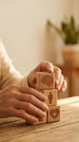 Hands protecting wooden blocks with brain, person and heart symbols representing mental health care and emotional wellbeing support concept.