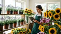 Young female florist with tablet managing sunflower and lavender inventory in bright flower shop workspace for small business operations.