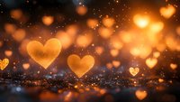 Glowing golden hearts floating against dark background with bokeh lights and sparkles, creating romantic atmosphere for Valentine's day or wedding designs.