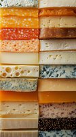 Assortment of colorful cheese varieties arranged in neat rows, showcasing different textures and flavors for gourmet food presentation.