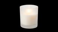 Frosted glass votive candle with warm glowing flame, isolated on transparent background, ready for stickers, print on demand, T-shirt design, and clipart use.
