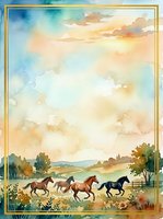 Watercolor painting of horses running freely through autumn countryside landscape with golden frame border, suitable for home decor and equestrian art prints.