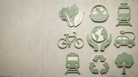 Green eco icons set on linen texture background, featuring bicycle, electric car, train, recycling, earth, tree and plant symbols for sustainability concepts.
