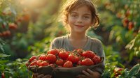 Young girl holding fresh ripe tomatoes in garden during golden hour sunset. Child farmer harvesting organic vegetables in backyard greenhouse agriculture concept.