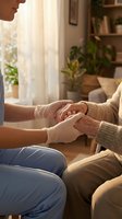 Healthcare worker holding elderly patient hands providing comfort and support in cozy home environment with warm natural lighting and plants.