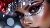 Glamorous woman with sparkling crystal makeup and rhinestone face jewels for luxury beauty and fashion editorial concepts.