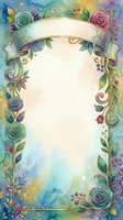 Watercolor floral frame with gold accents, roses, and swirling vines on a soft pastel background with copy space for text or design.