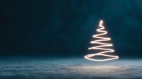 Glowing light trail Christmas tree on snowy ground against dark blue background for holiday greeting cards and winter celebration designs.