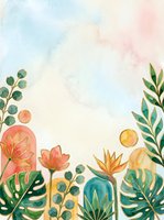 Watercolor tropical botanical background with gold outline leaves, monstera, exotic flowers, and pastel arches for cards, posters, and wall art.