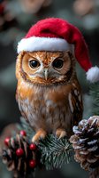 Brown owl wearing red and white Santa hat perched on frost-covered pine branch with berries and pinecones, festive holiday seasonal decoration for Christmas greeting cards and winter celebrations.