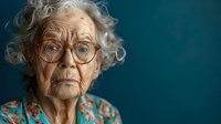 Senior Caucasian woman with curly gray hair and vintage glasses wearing floral pattern blouse against dark teal background, expressing wisdom and life experience.