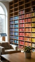 Modern home library with floor-to-ceiling wooden bookshelves filled with colorful books arranged by color spectrum, cozy reading chair and large arched window.