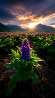 Vibrant lupine flowers bloom in mountain valley as dramatic sunset rays burst through clouds, illuminating snow-capped peaks and purple wildflower field.