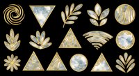 Watercolor geometric shapes with gold outlines and marble texture, isolated on transparent background. Ready for t-shirt design, clipart, stickers, sublimation, print-on-demand products and digital crafts.