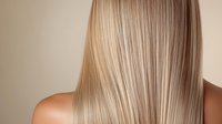 Straight blonde hair close up showing smooth, glossy texture and healthy shine against neutral beige background, beauty and haircare concept.