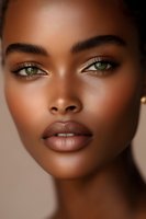Close-up portrait of young African American woman with striking green eyes, flawless dark skin, and natural makeup against neutral background. Professional beauty shot.