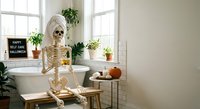 Human skeleton sitting in bright bathroom with plants and pumpkin for Halloween home decor and seasonal interior design inspiration.