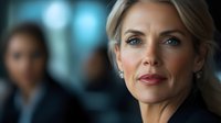 Professional blonde businesswoman in corporate office environment with confident expression and modern workplace background for business presentations.
