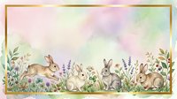 Watercolor rabbits hopping through wildflower meadow with lavender and botanical elements, isolated on white background, suitable for nursery decor, children's designs, greeting cards, and fabric prints.
