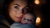 Young Caucasian mother with blue eyes holding infant baby close in intimate portrait. Warm bokeh lights create cozy atmosphere. Gentle smile and tender moment between parent and child.