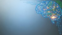 Digital brain circuit board with glowing connections and neural pathways on blue gradient background for artificial intelligence and technology concepts.