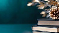 Stacked books with pine cone decoration against teal background, creating cozy autumn or winter mood for education and reading concepts.