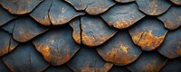 Rustic metal scales with blue patina and orange rust texture create dramatic pattern on weathered surface. Architectural detail shows vintage industrial design.