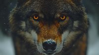 Close-up portrait of wild wolf with piercing amber eyes and detailed fur texture in natural winter habitat for wildlife photography projects.