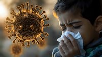 Young boy wearing blue sweater blowing nose into tissue with coronavirus cell structure visualization in foreground, medical education and health awareness concept.