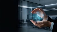 Businessman hands protecting glowing digital puzzle pieces in modern office environment representing problem solving and strategic business solutions.