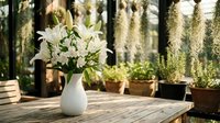 White lilies in ceramic vase on wooden table with garden greenhouse background. Fresh flower arrangement for home decor and interior design projects.