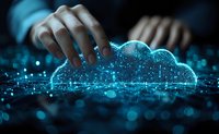 Digital cloud computing concept with hand touching glowing network of connected dots and lines against dark background with blue light effects.