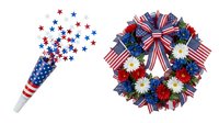 Patriotic confetti popper with red and blue stars and festive wreath with daisies and ribbons isolated on white background for holiday celebrations and decorative design projects.