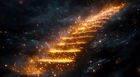 Glowing golden stairway ascending through dark starry space, mystical light particles and sparkles creating ethereal cosmic pathway in night sky.