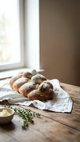 Freshly baked braided challah bread on linen cloth with herbs and butter on rustic wooden table by window for homemade bakery and cooking concepts.