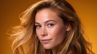 Young Caucasian woman with flowing blonde hair and natural makeup smiling confidently against warm orange background, professional studio lighting creates soft glow effect.