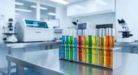 Colorful test tubes with chemical solutions arranged in laboratory rack on metal table in modern research facility with scientific equipment and microscopes.