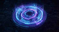Futuristic holographic interface with glowing neon circles and digital data streams in cyberpunk style for technology and sci-fi design projects.