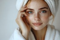 Young woman with natural freckles wearing white bathrobe and hair towel after shower, gentle smile and blue eyes, soft natural daylight, skincare and wellness concept.