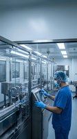 Pharmaceutical technician in blue scrubs operating automated production equipment in sterile cleanroom manufacturing facility for drug development.