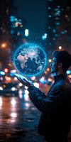Young Asian man in leather jacket holding glowing holographic Earth globe against urban night cityscape with bokeh lights and reflections on wet street surface.