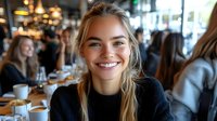 Young Caucasian woman with blonde hair and bright smile wearing black sweater sitting in cozy cafe with blurred background of people and coffee cups.