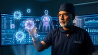 Senior male surgeon with glasses and surgical cap interacting with holographic medical interface displaying virus models and human anatomy in futuristic laboratory.
